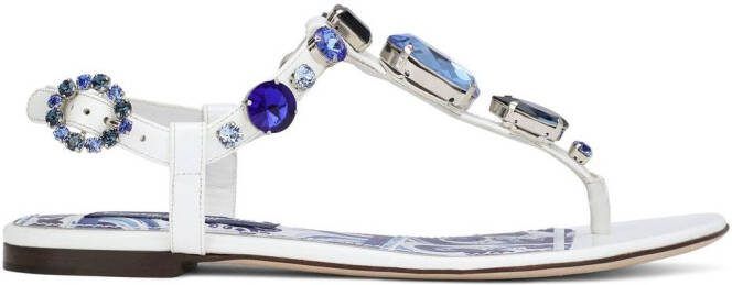 Dolce  Gabbana bejewelled patent leather thong sandals White