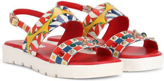 Dolce  Gabbana Kids Carretto-print bejewelled leather sandals Red