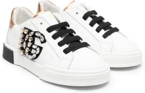 Dolce  Gabbana Kids crystal-embellished logo leather sneakers White