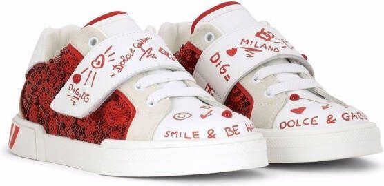 Dolce  Gabbana Kids glitter-detail leather sneakers Red