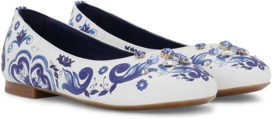 Dolce  Gabbana Kids Majolica-print leather ballerina shoes White