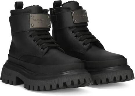 Dolce  Gabbana Kids logo-plaque leather combat boots Black