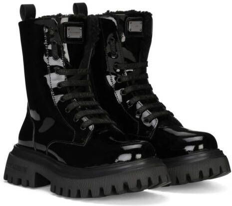 Dolce  Gabbana Kids logo-plaque patent-leather combat boots Black