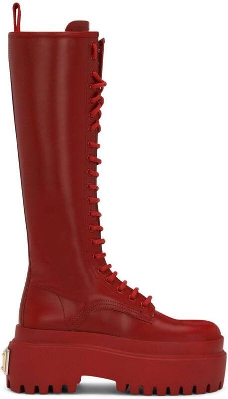 Dolce  Gabbana lace-up knee-high leather boots Red