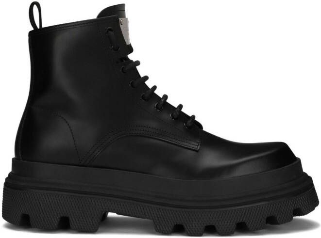 Dolce  Gabbana logo-plaque brushed leather ankle boots Black