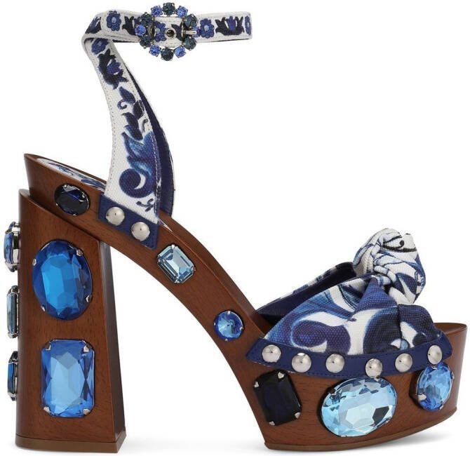 Dolce  Gabbana Majolica-print 90mm embellished wedge sandals Blue