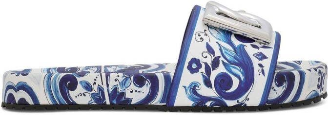 Dolce  Gabbana Majolica-print leather slides Blue