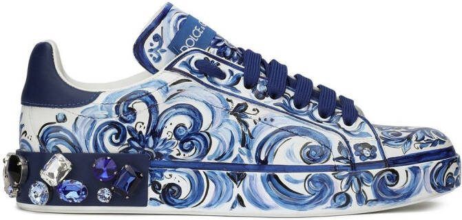 Dolce  Gabbana Portofino Majolica-print leather sneakers Blue