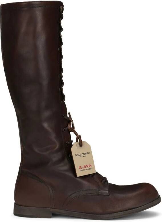 Dolce  Gabbana logo-tag lace-up leather boots Brown