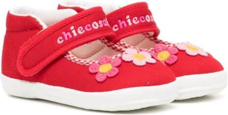 Miki House floral-embroidery touch-strap ballerina shoes Red