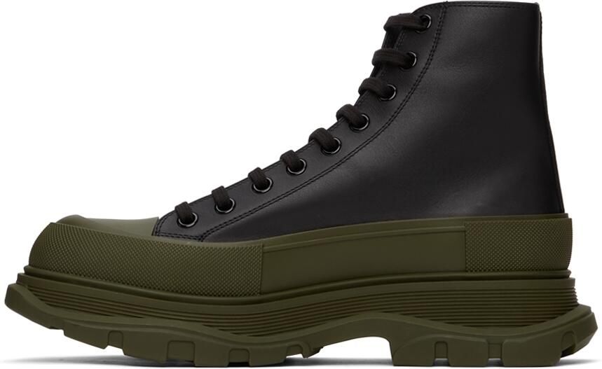 Alexander McQueen Black  Khaki Leather Tread Slick Sneakers - Picture 3
