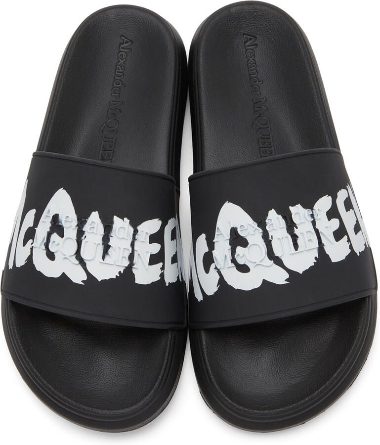 Alexander McQueen Black  White Graffiti Pool Slides