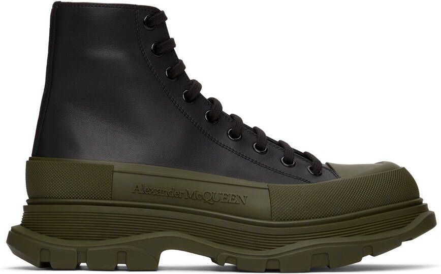 Alexander McQueen Black  Khaki Leather Tread Slick Sneakers - Picture 5