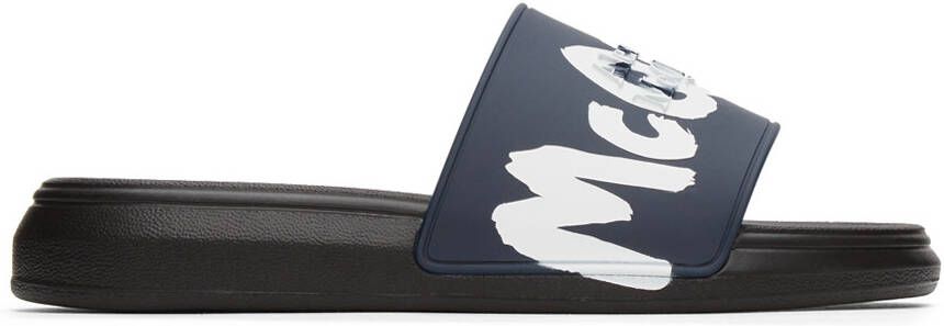 Alexander McQueen Black  Navy Rubber Pool Slides - Picture 5