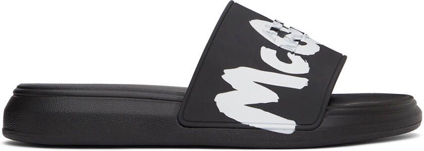 Alexander McQueen Black  White Graffiti Pool Slides - Picture 5
