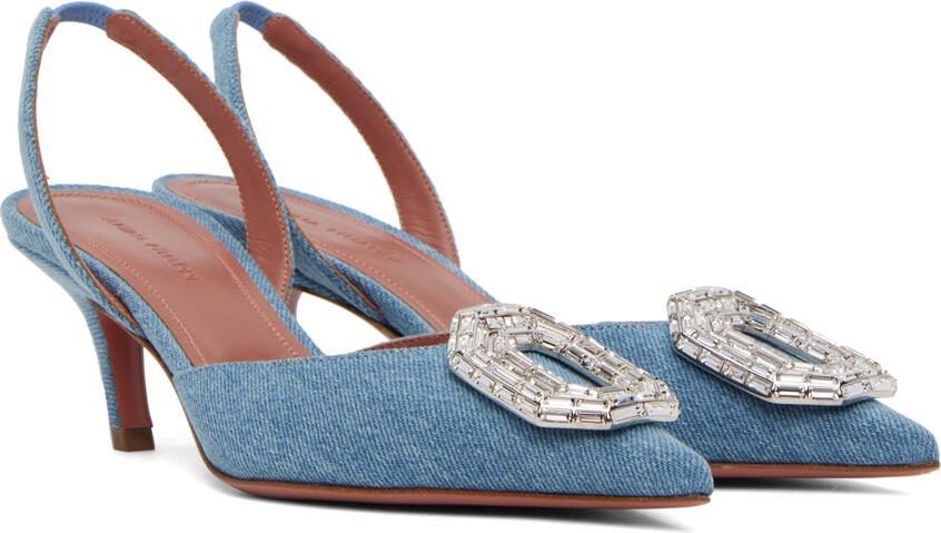 Amina Muaddi Blue Camelia Denim Heels - Picture 2