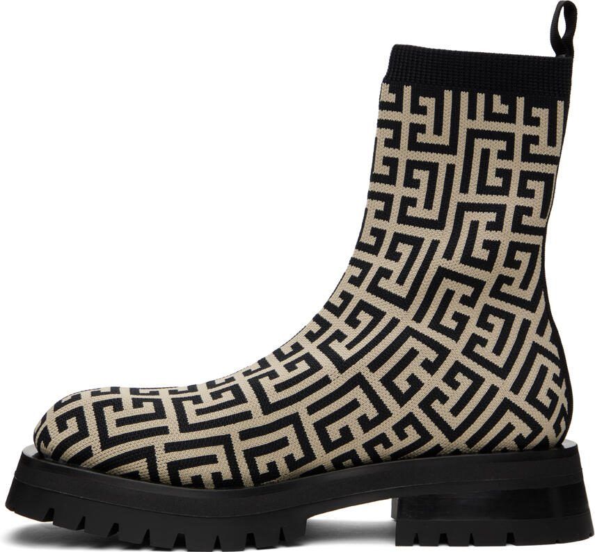 Balmain Black  Beige Monogram Boots - Picture 2