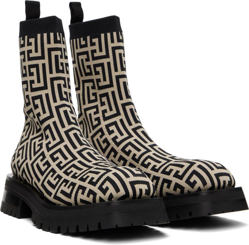Balmain Black  Beige Monogram Boots