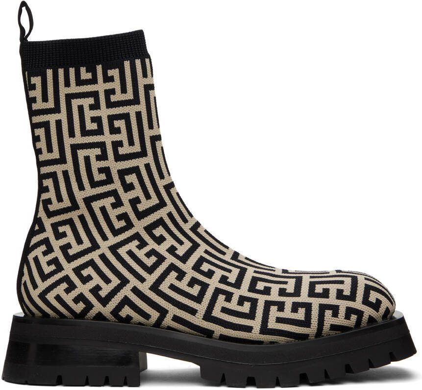 Balmain Black  Beige Monogram Boots - Picture 5