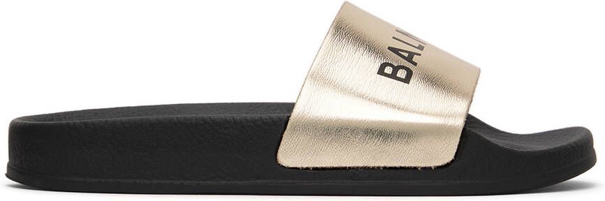Balmain Kids Black  Gold Logo Slides