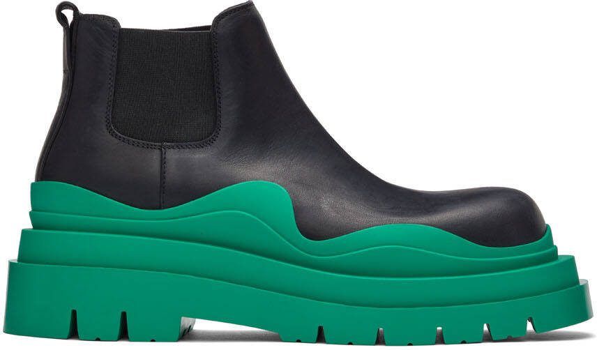 Bottega Veneta Black  Green Tire Chelsea Boots - Picture 5