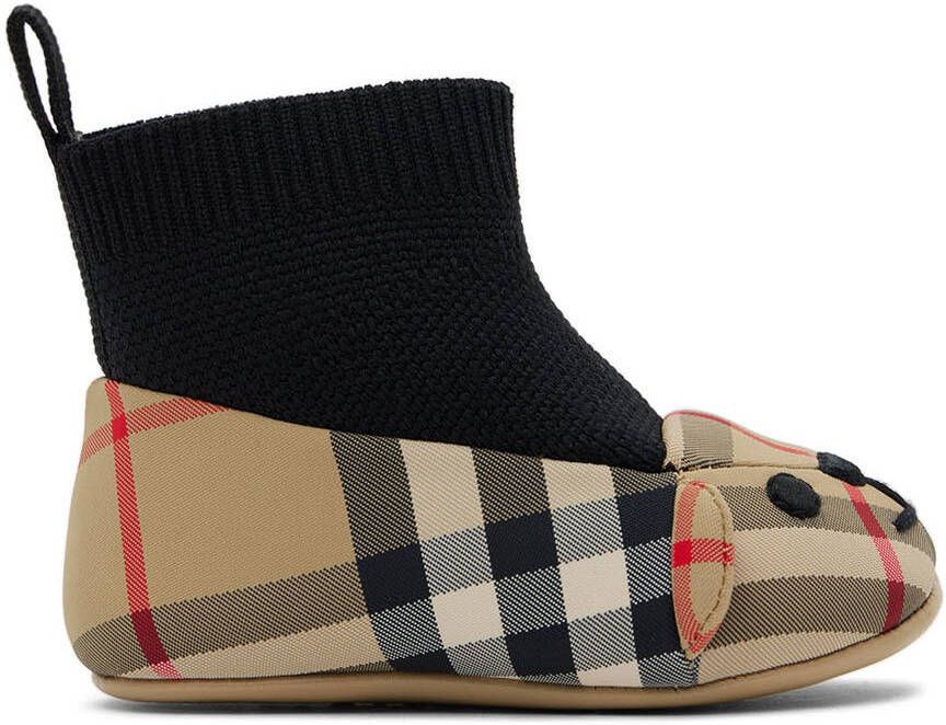 Burberry Baby Black  Beige Thomas Bear Motif Booties