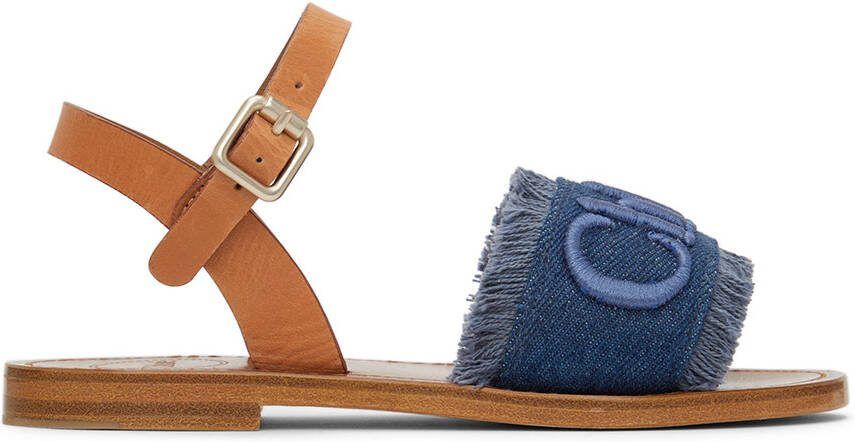 Chloé Kids Brown  Blue Denim Logo Sandals - Picture 5