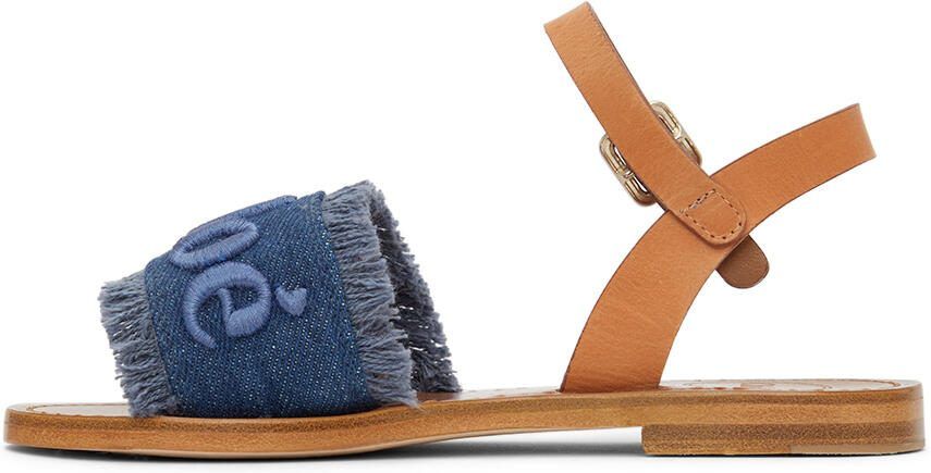 Chloé Kids Brown  Blue Denim Logo Sandals - Picture 3