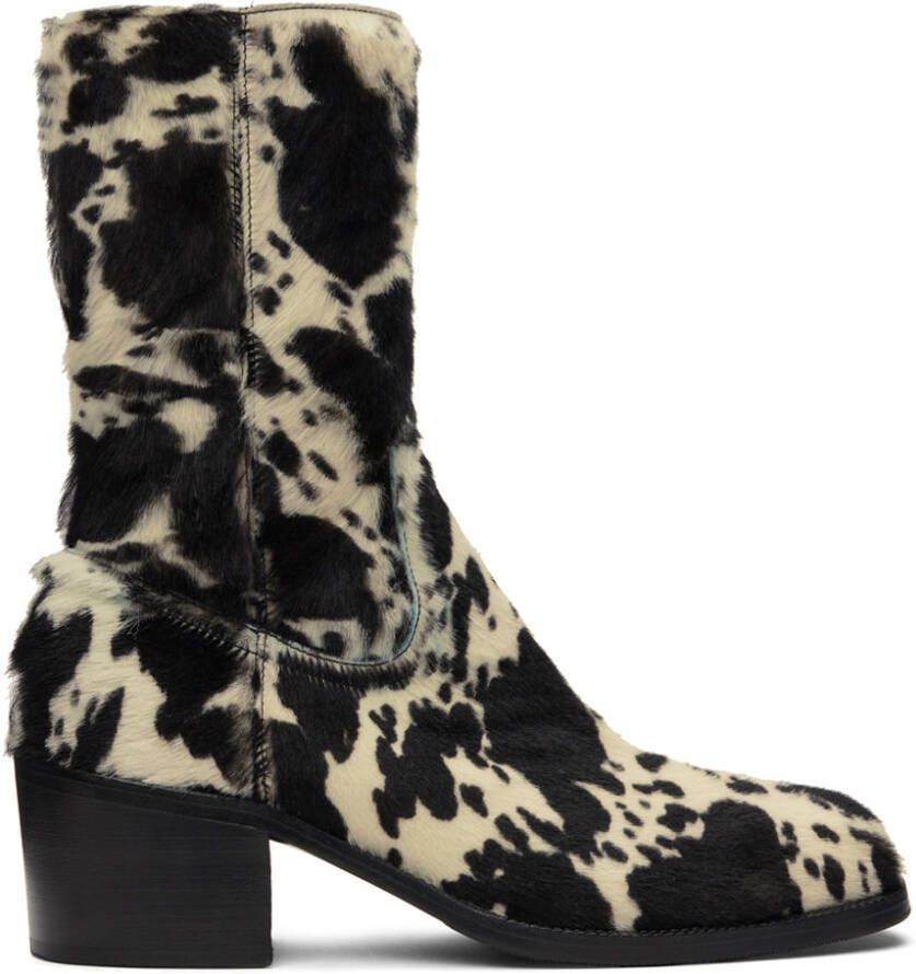 Dries Van Noten Black  White Cow Print Zip Up Boots - Picture 5