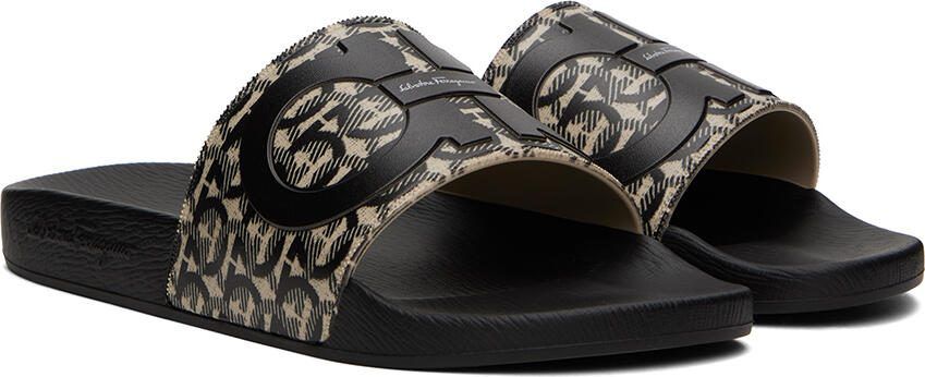 Ferragamo Beige  Black Gancini Slides - Picture 2