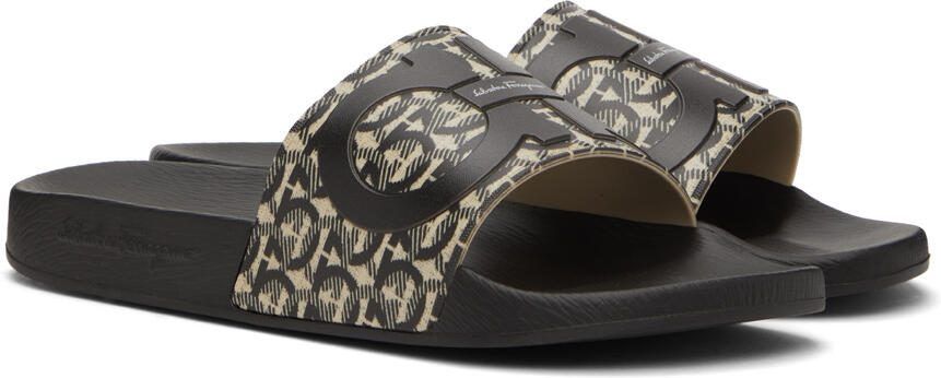 Salvatore Ferragamo Black  Beige Gancini Slides - Picture 2