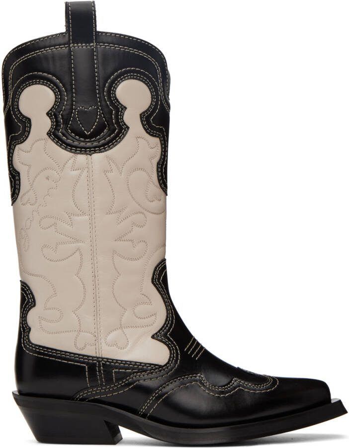 GANNI Black  Off-White Embroidered Western Mid-Calf Boots - Picture 5