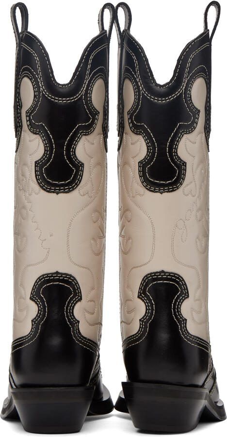 GANNI Black  Off-White Embroidered Western Mid-Calf Boots - Picture 3