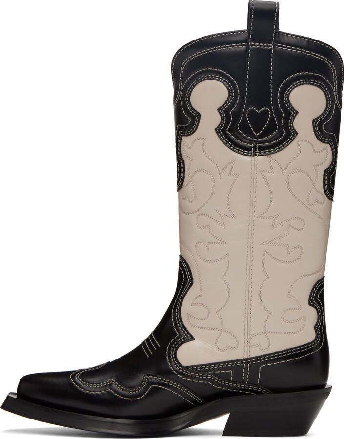 GANNI Black  Off-White Embroidered Western Mid-Calf Boots