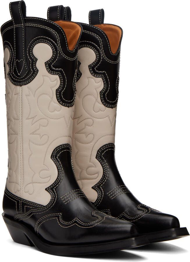 GANNI Black  Off-White Embroidered Western Mid-Calf Boots - Picture 2