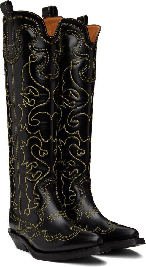 GANNI Black  Yellow Western Tall Boots - Picture 3