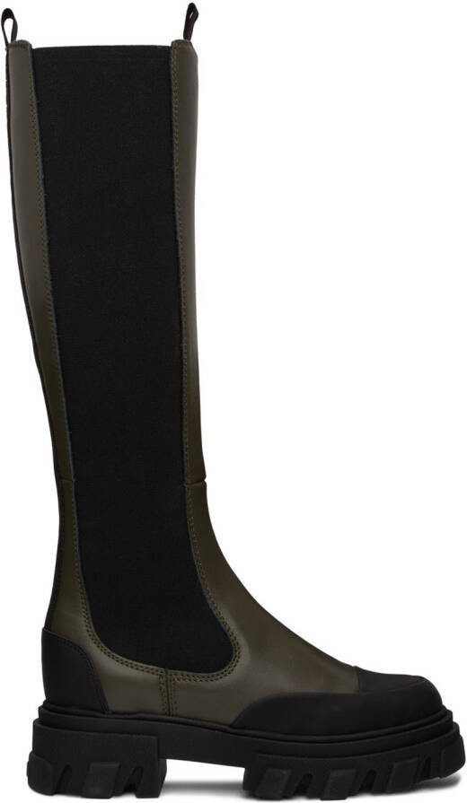 GANNI Khaki  Black Cleated High Chelsea Boots - Picture 2