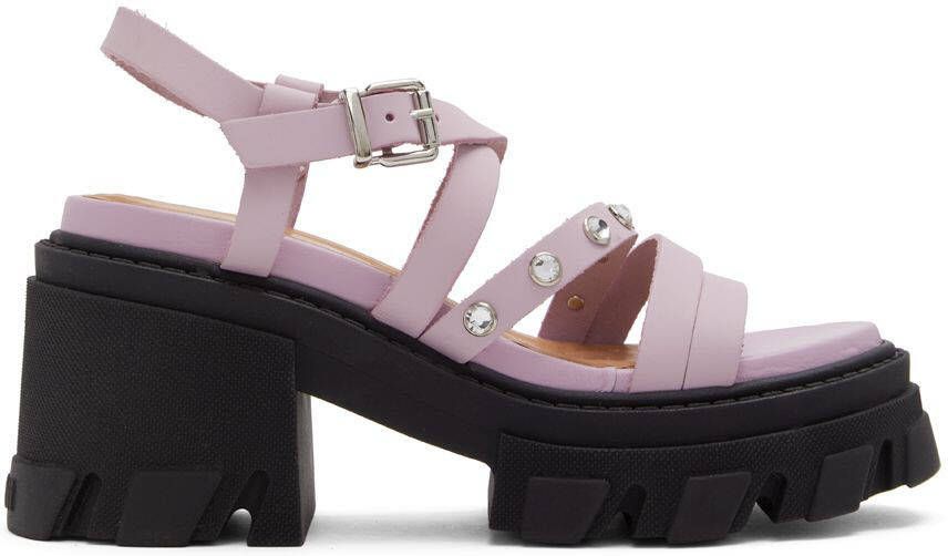 GANNI Pink  Black Leather Heeled Sandals - Picture 5