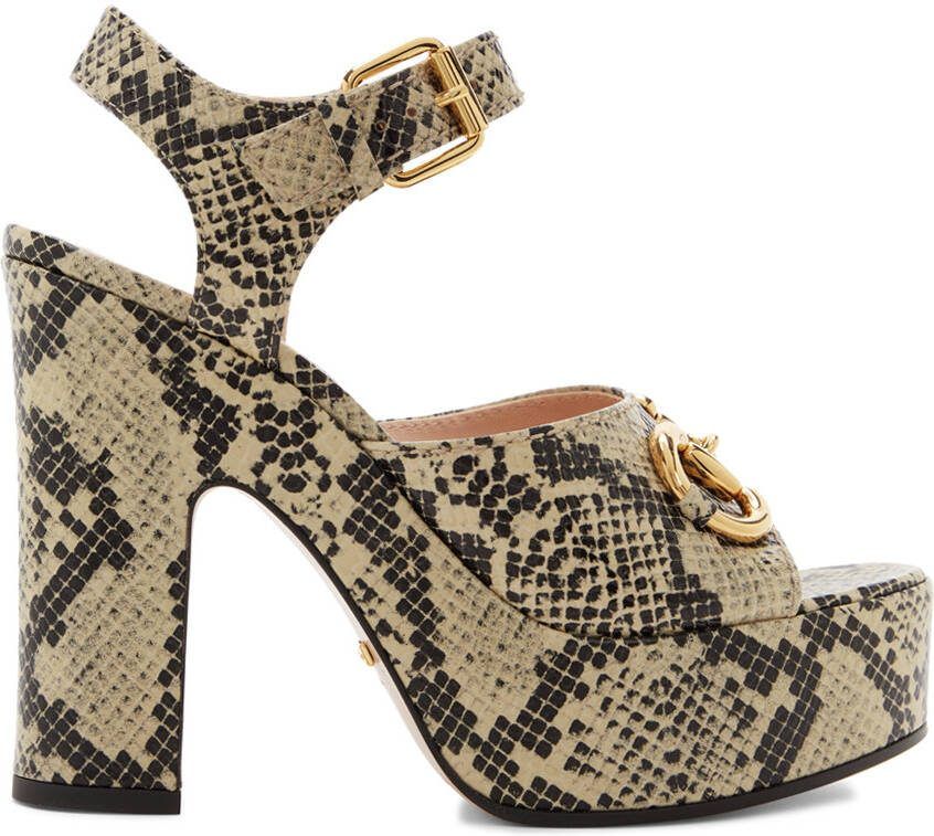 Gucci Beige  Brown Python Horsebit Heeled Sandals - Picture 5