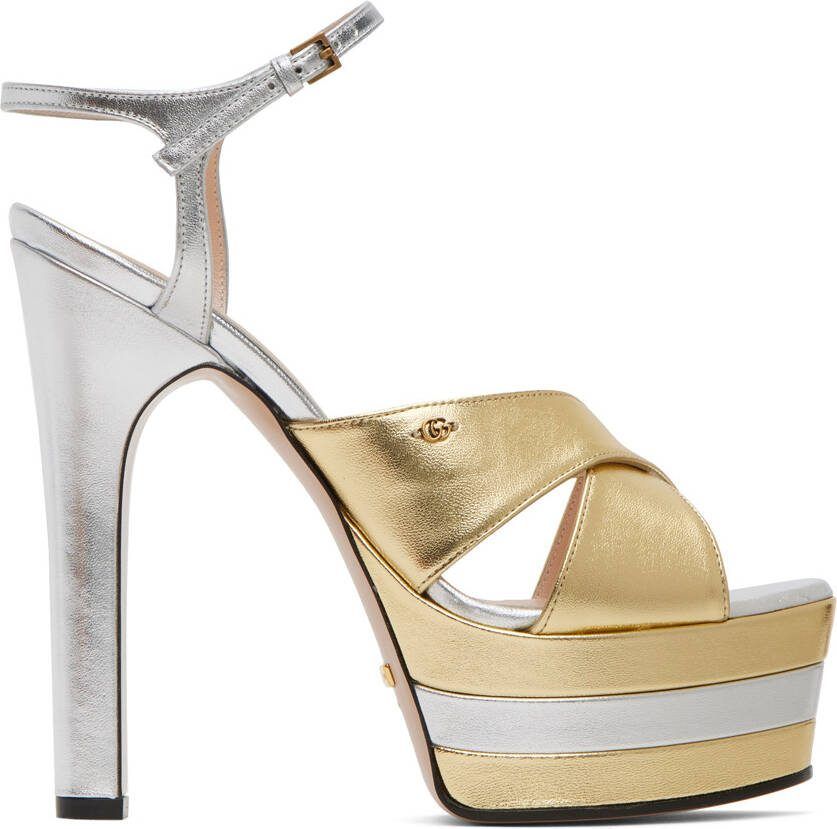 Gucci Gold  Silver Platform Heeled Sandals - Picture 5