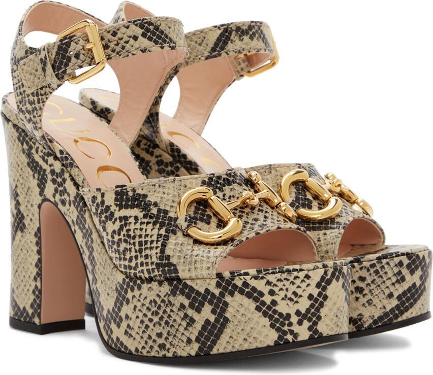 Gucci Beige  Brown Python Horsebit Heeled Sandals - Picture 2