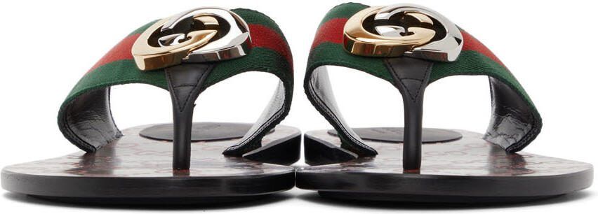 Gucci Black  Green GG Flat Sandals - Picture 3