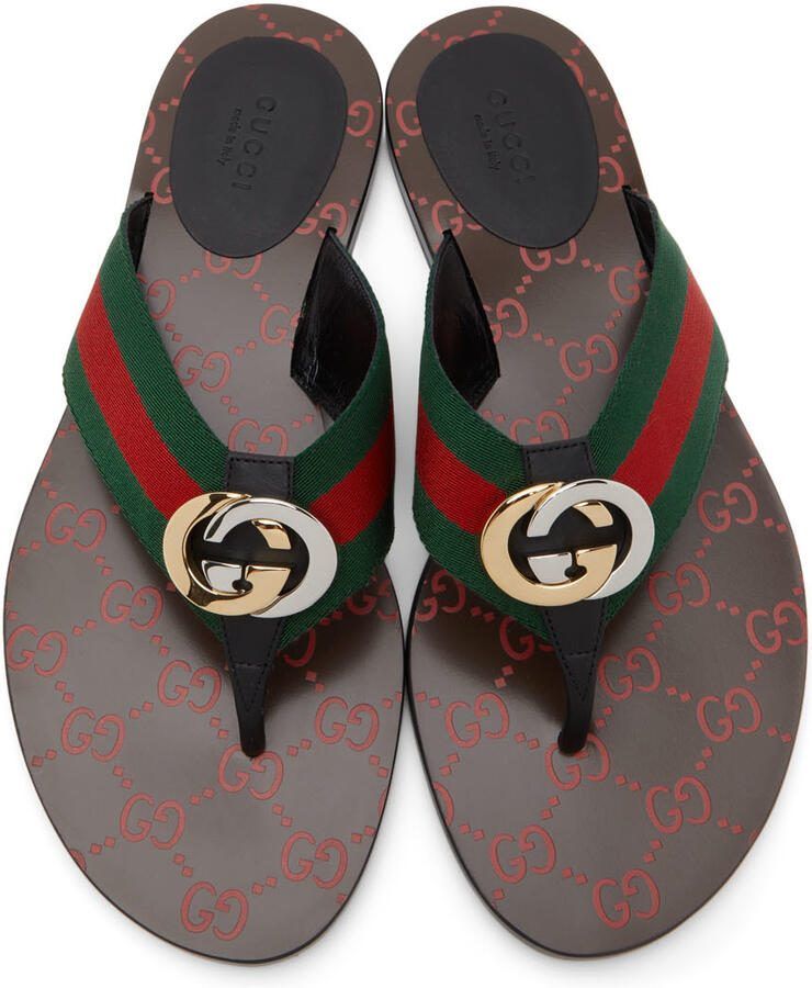 Gucci Black  Green GG Flat Sandals