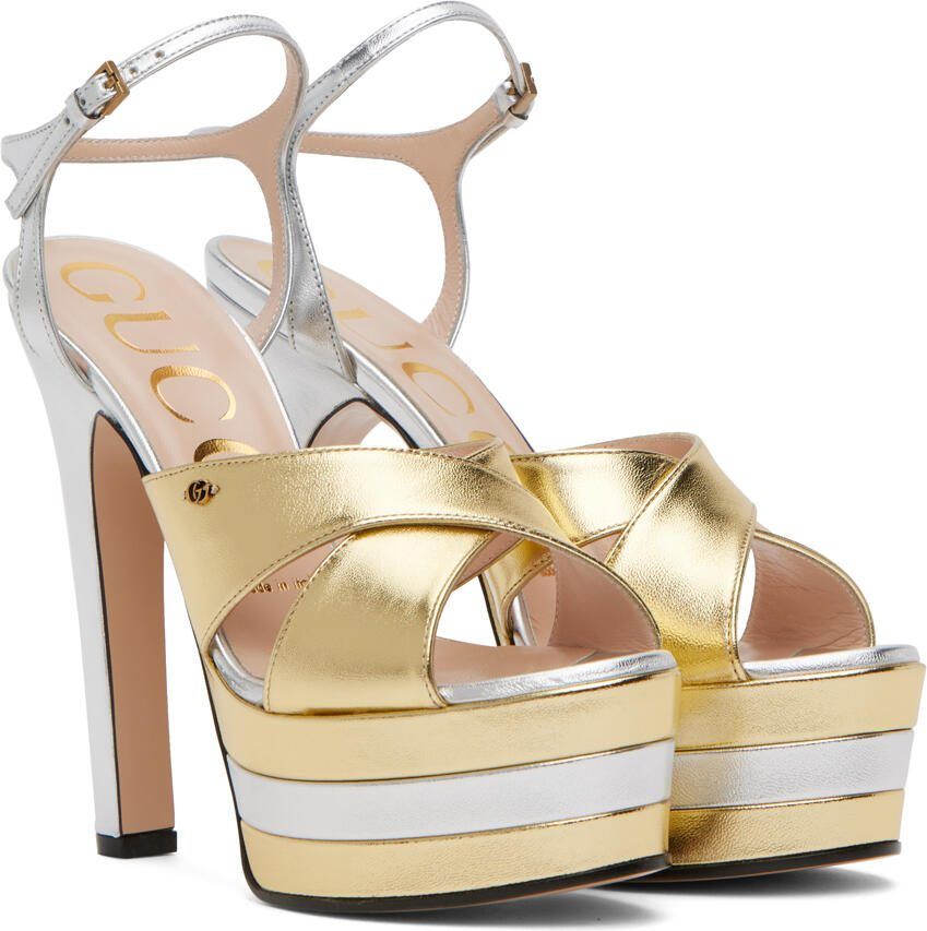 Gucci Gold  Silver Platform Heeled Sandals