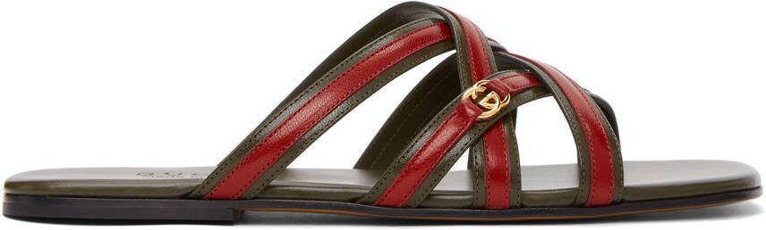 Gucci Khaki  Red Interlocking G Sandals - Picture 5
