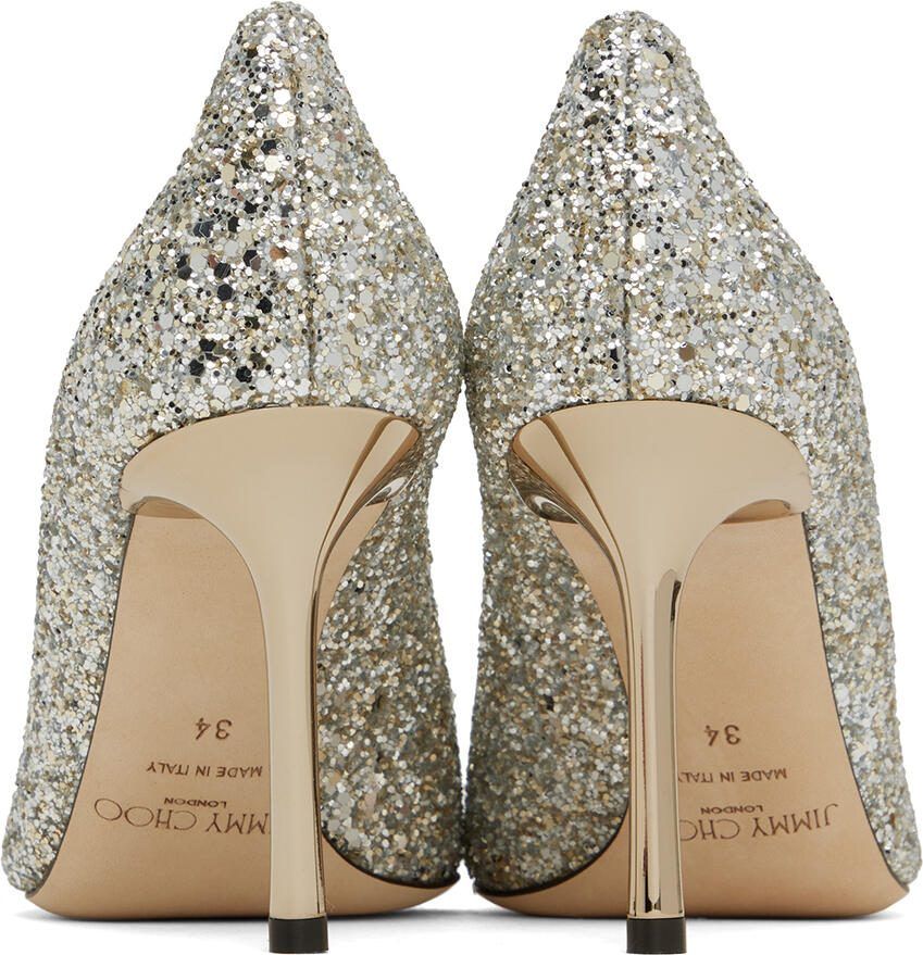 Jimmy Choo Silver Coarse Glitter Romy 85 Heels