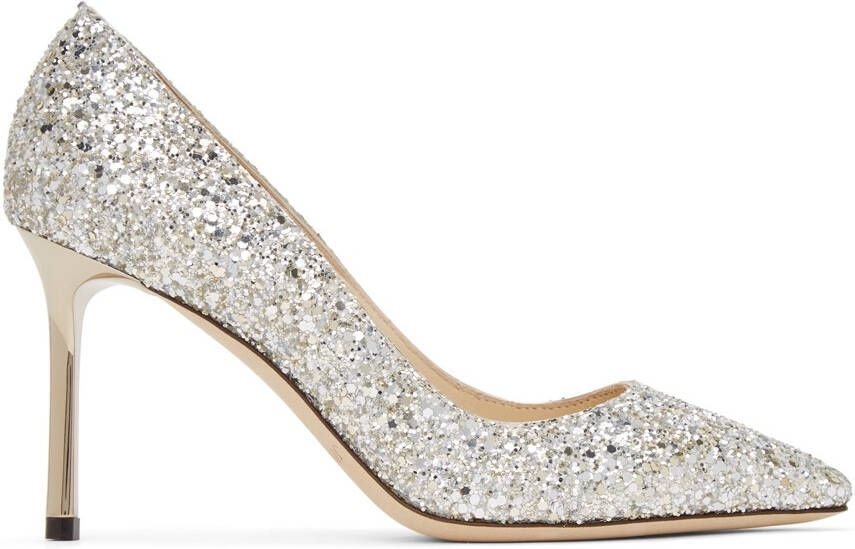 Jimmy Choo Silver Coarse Glitter Romy 85 Heels - Picture 6