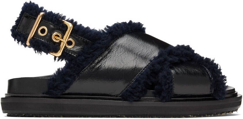 Marni Black  Navy Shearling Fussbett Sandals