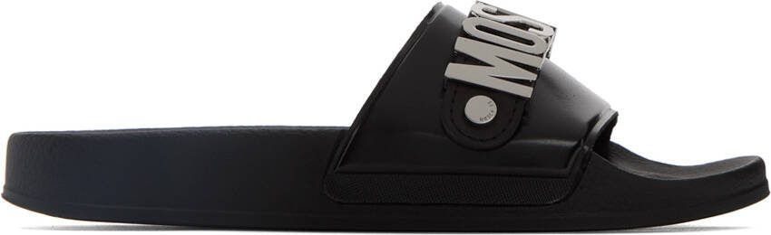 Moschino Black  Silver Lettering Pool Slides - Picture 5