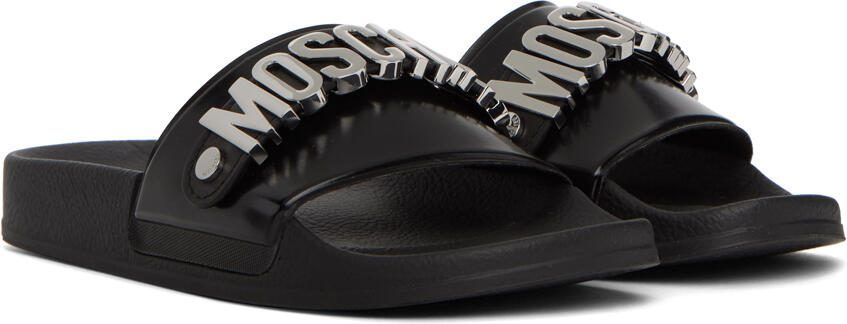 Moschino Black  Silver Lettering Pool Slides - Picture 2